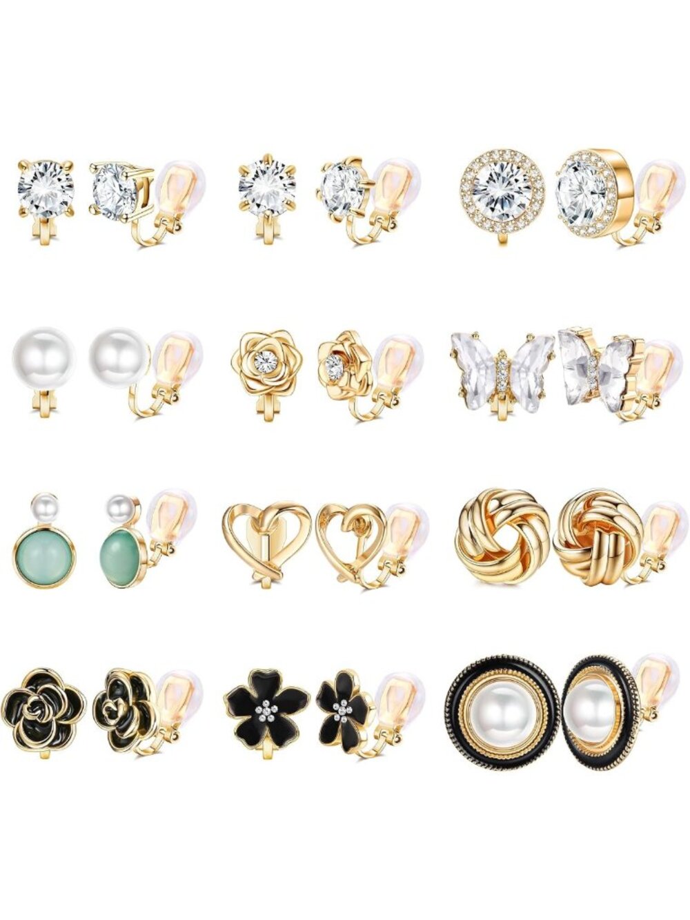 12 Pairs Clip-On Earrings for Women - CZ Pearl Non-Piercing Jewelry Set